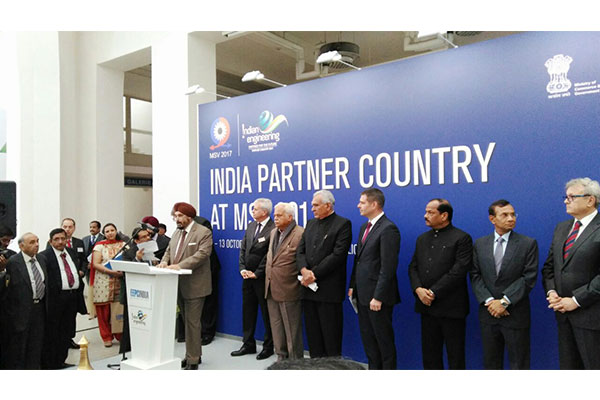 Inauguration of India Pavilion on the October 9th at MSV 2017 - Mr T S Bhasin, Chairman, EEPC India delivering the welcome address. Also Present on the Dais from Left Mr Jiri Kuris, Chairman of Management Board and Chief Executive Officer, Veletrhy Brno a.s; Mr R V Deshpande, Minister of Medium and Large Industries, Government of Karnataka; Mr C.R. Chaudhary, Hon`ble Minister of State, Ministry of Commerce and Industry, Government of India; Mr. Jiri Havlicek, Minister of industry and Trade of the Czech Republic ; Mr Raghubar Das, Hon`ble Chief Minister of Jharkand, Mr Krishan Kumar, Indian Ambassador to the Czech Republic; Mr. Vladimir Dlouhy, President of the Czech Chamber of Commerce